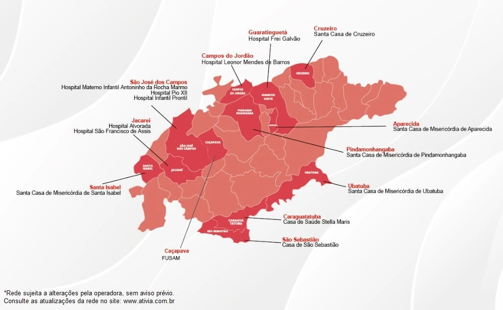 Foto do mapa de cidades do Vale do Paraíba, com uma seta apontando as cidades onde a Ativia Saúde possui hospitais credenciados para atendimento