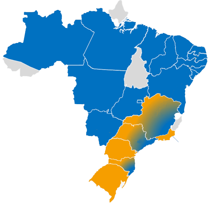 Mapa do Brasil destancando nas cores laranja as localidades onde a Notredame Intermédica atua e em azul as regiões de atuação da Hapvida